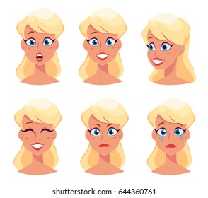 Young pretty woman, cute girl with different face expressions. Cartoon beautiful character. Avatar business woman. Vector illustration.