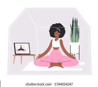 Young pretty woman does exercises, practices yoga or fitness on an online video lesson on smartphone, laptop or tablet device at home during quarantine. Online fitness training concept illustration 