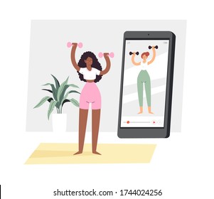 Young pretty woman does exercises, practices yoga or fitness on an online video lesson on smartphone, laptop or tablet device at home during quarantine. Online fitness training concept illustration 