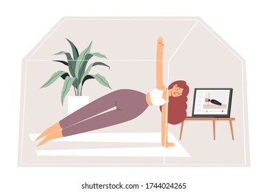 Young pretty woman does exercises, practices yoga or fitness on an online video lesson on smartphone, laptop or tablet device at home during quarantine. Online fitness training concept illustration 