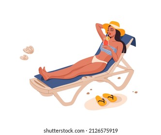 Young pretty woman drinking a cocktail on a beach. Girl in hat relaxing on tropical resort, sunbathing on sunbed and drinking exotic beverage with straw. Summer vacation leisure flat vector scene