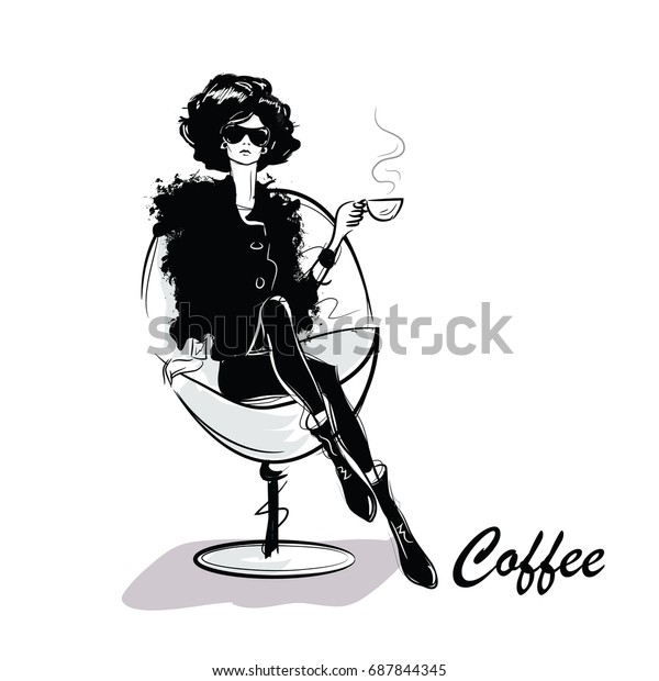 コーヒーを飲む若い綺麗な女性 ベクターイラスト のベクター画像素材 ロイヤリティフリー