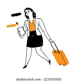 Young pretty woman or employee dragging the suitcase along with type text message with smartphone. Hand drawn vector illustration doodle style.