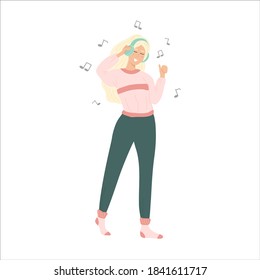 Young pretty woman enjoying her free time at home. Cheerful girl dancing with headphones. Colourful vector illustration in flat cartoon style, isolated on white background.
