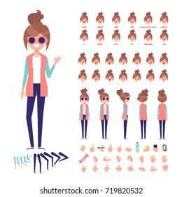 Young pretty woman in fashion glasses.  Front, side, back, 3/4 view. Separate parts of body. Constructor with various views, lip sync and gestures. Cartoon style, flat vector illustration.