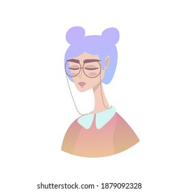 Young pretty woman. Female cartoon character with blue hair.