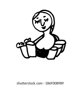 Young pretty woman, girl with beer. Oktoberfest girl with two mugs of beer. Traditional dress of Munich, Germany culture. Hand drawn illustration sketch doodle style vector.