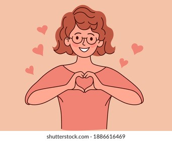 Young pretty woman girl shows a heart shape with her fingers and palms. Line and fill drawing.