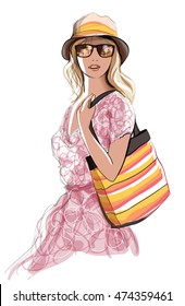 Young pretty woman going to the beach - Vector illustration