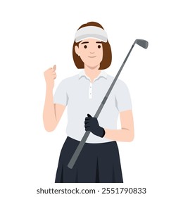 Young pretty woman golfer with golf club raising her hand happy. Flat vector illustration isolated on white background