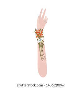 Young pretty woman hand with flower bouquet that attach with aid medical patch. Cartoon character style isolated. Colourful flat vector illustration.