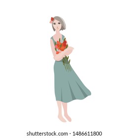 Young pretty woman hugs and holding flowers bouquet. Female cartoon character stands in fashion dress with flowers in the head isolated. Colourful flat vector illustration