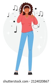 Young pretty woman listening to music, radio, podcast. Woman with  headphones enjoying good music. Music lover concept illustration.