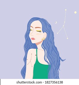 Young pretty woman with long blue hair  zodiac tattoo. Digital illustration on purple background.