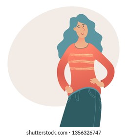 Young pretty woman with long loose hair in sweater and jeans standing jands on waist, stylized vector illustration on white background with place for text. Portrait of young pretty woman stylized