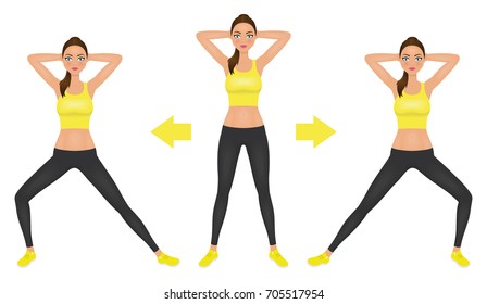 Young pretty woman make lunge exercise with hands behind head. Fit girl in leggings and crop top. Vector illustration.