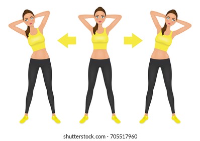 Young pretty woman make side bend exercise with hands behind head. Fit girl in leggings and crop top. Warm-up instruction vector illustration.