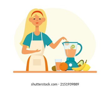 Young pretty woman makes a drink, smoothie in a blender from different fruits. The concept of healthy lifestyle. Vector flat illustration in cartoon style isolated on white background