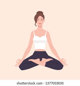 Young pretty woman performing yoga exercise. Female cartoon character sitting in lotus posture and meditating. Girl with crossed legs isolated on light background. Colorful flat vector illustration.