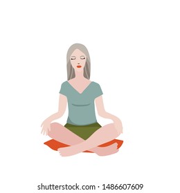 Young pretty woman performing yoga exercise. Female cartoon character sitting in lotus posture and meditating vipassana meditation. Girl with crossed legs isolated. Colorful flat vector illustration