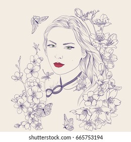 Young pretty woman portrait. Drawn elegant girl in sakura flowers blossom. Romantic lady