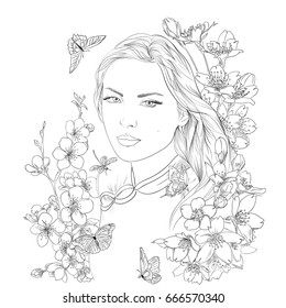 Young pretty woman portrait. Drawn elegant girl in sakura flowers blossom. Romantic lady