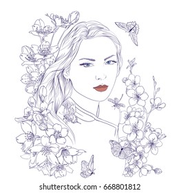 Young pretty woman portrait. Drawn elegant girl in sakura flowers blossom. Romantic lady