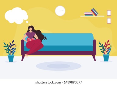 Young Pretty Woman Reading Book on Sofa Cartoon. Faceless Girl and Thinking Bubbles. Thoughtful Female Character Dreaming. Vector Rest Office Zone or Waiting Room Interior Flat Illustration