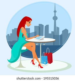 Young pretty woman reading news of social networking in the cafe. Close-up vector illustration.