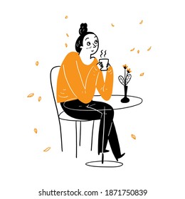 The young pretty woman relaxing cafe drinking for a coffee, Vector Illustration cartoon doodles style