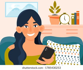 Young pretty woman relaxing indoors with smartphone. Daily life concept. Vector illustration.