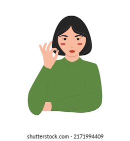 Young pretty woman shows ok Sign or Gesture flat vector illustration. Female Character Shows Approval OK Sign on white background isolated