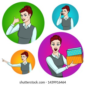 Young pretty woman shows the thumb up, indicates something, talks by the smartphone, rejoices with present boxes. Set of comic style pop-art illustration.