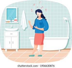 Joven linda mujer cantando en el baño. El personaje femenino con traje de negocios interpreta canciones. Notas musicales sobre la cabeza de la chica. El cantante crea música y compone canciones en la ilustración de un vector doméstico