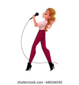 Young pretty woman singing karaoke, holding microphone, side view cartoon vector illustration isolated on white background. Full length portrait of karaoke singer, competition, party, celebration