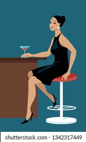Young pretty woman sitting at a bar with a cocktail, waiting, EPS 8 vector illustration