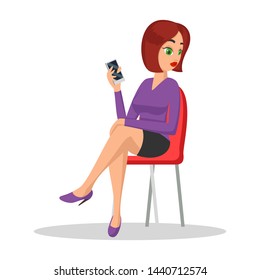 Young pretty woman sitting on chair and holding smartphone. Brunette girl in mini skirt waiting for boyfriend, girlfriend, job interview or meeting with chief to ask something. Vector cartoon on white
