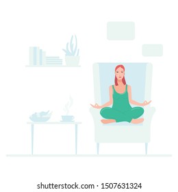 Young pretty woman sitting on chair in her room performing yoga exercise. Female cartoon character sitting in lotus posture and meditating vipassana meditation. Girl flat with crossed legs isolated. 