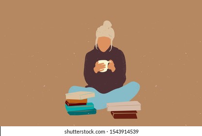 Young pretty woman sitting on a floor surrounded by a stack of books drinking coffee. The concept of comfort and warmth. Flat vector illustration