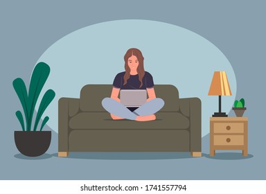 young pretty woman sitting on sofa and using laptop at home. Vector illustration in flat cartoon style.