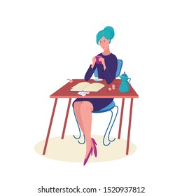 Young pretty woman sitting at the table, holding cup, mug of coffee, tea and reading a book lying in front go her, flat style vector illustration isolated on white background