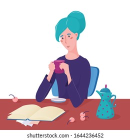 Young pretty woman sitting at the table, holding cup, mug of coffee, tea and reading a book lying in front go her, flat style vector illustration isolated on white background, banner template