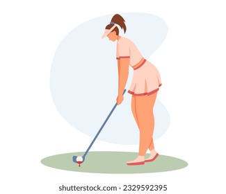 Young pretty woman in sport clothes holding golf club and get ready to hit ball. Time for workout. Active and healthy lifestyle. Vector flat illustration in warm colors