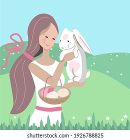 Young pretty woman standing with white rabbit in green grass. Festive spring illustration can be used for Easter design templates.