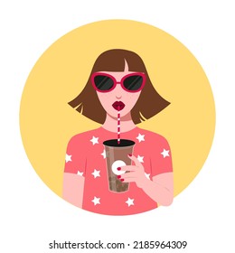 Young pretty woman with sunglasses drinking bubble tea flat vector character, Cute female character with bobatea flat vector, Fashionable girl drinking bubble tea with a straw flat vector