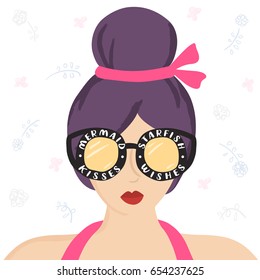 Young pretty woman in sunglasses with positive inscription mermaid kisses, starfish wishes. Vector hand drawn summer card, poster, banner with beautiful girl portrait. Summertime illustration