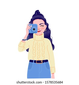 young pretty woman take picture with old-fashioned instant camera. teen hipster girl taking snap shot. blogger, journalist, photographer or tourist. Vector isolated stock illustration
