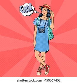 Young Pretty Woman Tourist with Camera and Backpack. Pop Art Vector illustration