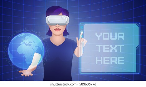 Young pretty woman in virtual reality headset or 3d glasses controls imaginary interface with globe and template screen projections