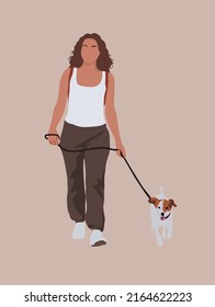 Young pretty woman walking with a dog. Cartoon style vector art illustration isolated. 